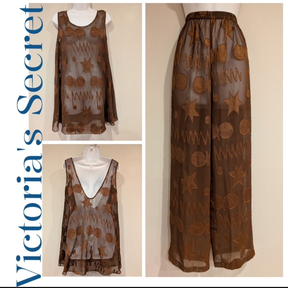 Vtg Victoria's Secret BrownSheer Star Celestial Lounge Set Swim Cover Sleepwear